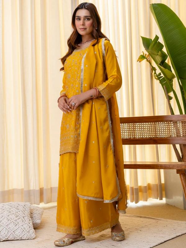 VP 9818 Y Silk Blend Embroidered with Sequins Straight Kurta Palazzo Dupatta Set